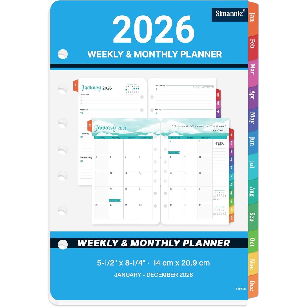 2026 Planner Refills - A5 Planner Inserts với 7 lỗ đục lỗ, JAN 2026 - DEC 2026, 5-1 / 2 "x 8-1 / 2",