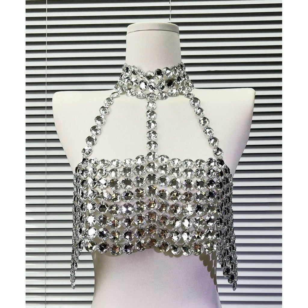 HCM - 150 - Áo Lưới Đính Đá Áo Yếm Bling Bling Sexy Body Slay Tua Rua - Áo Dj Croptop Đính Đá Bling 