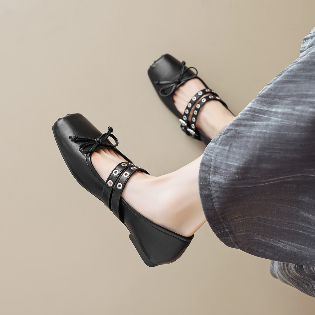 Plus Size 41 42 43 Giày Đế Bằng Nữ: Mũi Vuông Nơ Đế Mềm Ballet Đế Bằng Với Dây Đeo Mary Jane