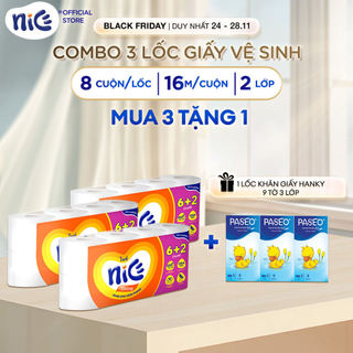 Combo 3 Lốc Giấy Vệ Sinh Cao Cấp Mega 8 Cuộn 2 Lớp Siêu Mềm Mại - Tan Nhanh - Không Gây Tắc Nghẽn (16m)