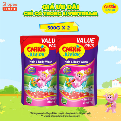 Combo 2 Túi Sữa Tắm Gội thiên nhiên Sạch Dịu Nhẹ & ẩm mịn Cho Bé Carrie Junior hương Cheeky Cherry 500G - Live