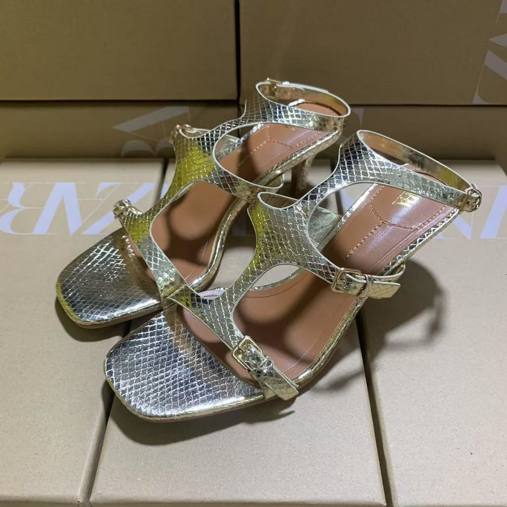 ZARA 2024 Summer New French Style silver Pointed Toe Sandals for Women Wedge Heel Matching Dress Hig