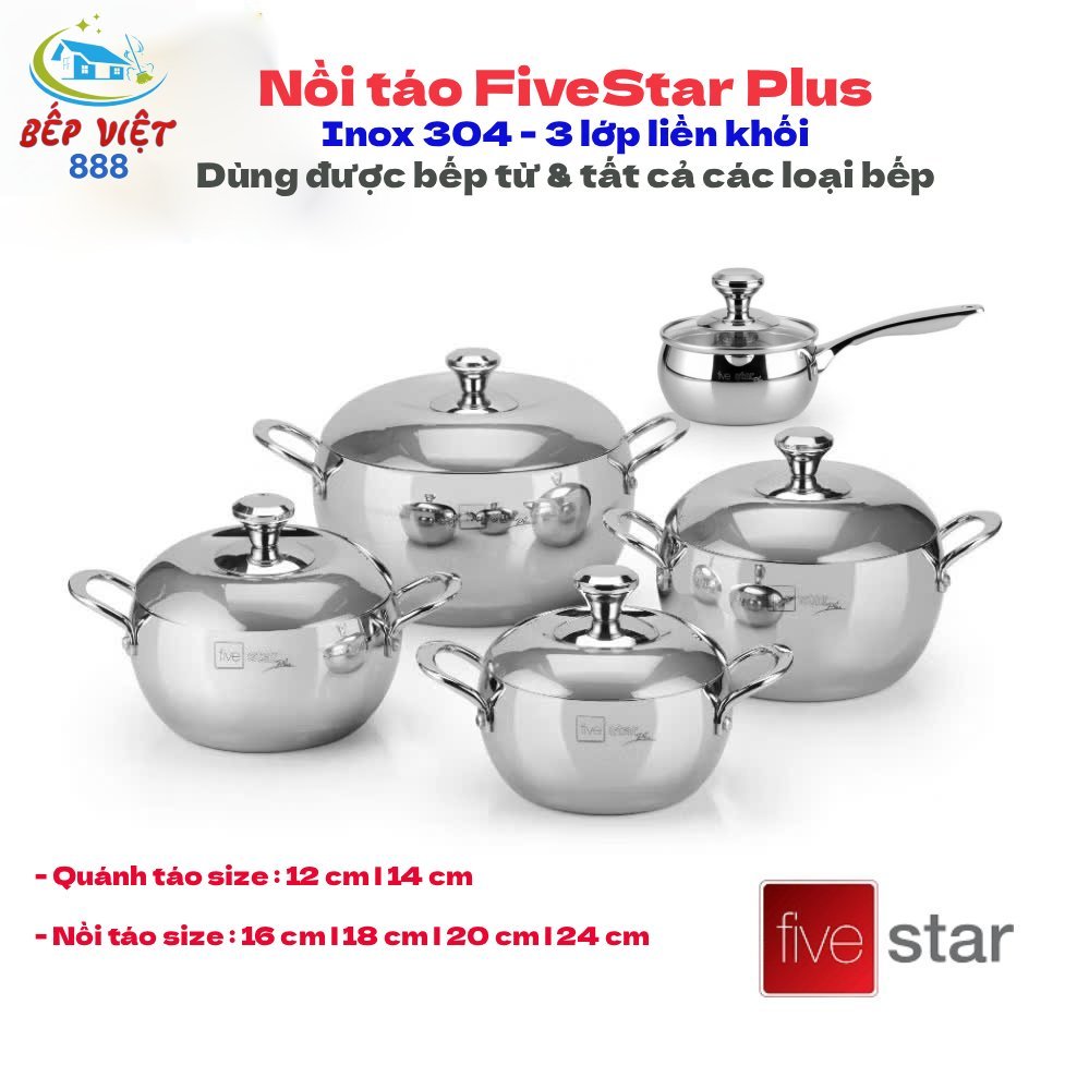 Nồi inox Fivestar Plus 3 lớp hình táo liền khối inox 304 dùng được bếp từ size 12 cm đến 24 cm