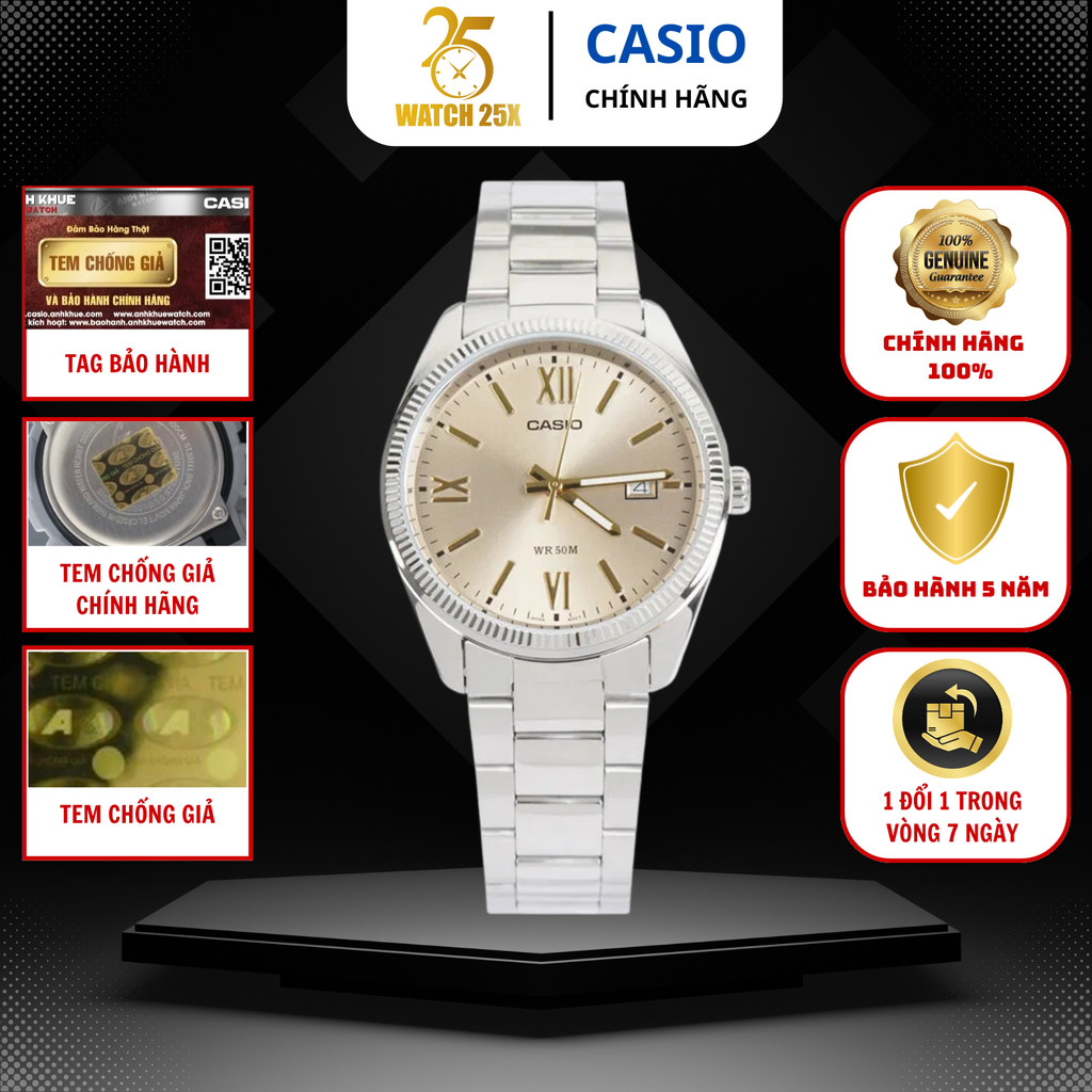 Đồng Hồ Casio MTP-1302DD-9AVDF Watch25x – Vẻ Đẹp Tinh Tế, Dây Bạc Trang Nhã, Mặt Vàng Kim Hiện Đại
