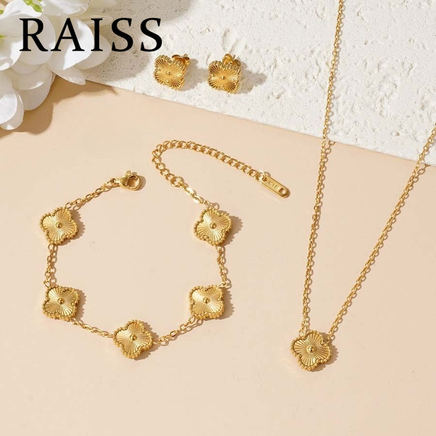 R.AI.S.S Bộ trang sức vàng 18K clover Kelly, bông tai và vòng cổ bằng thép không gỉ - Quà tặng may mắn cho nàng