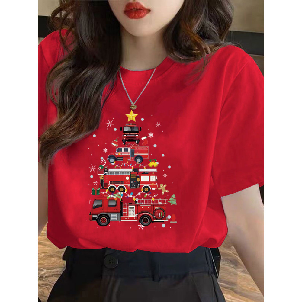 Christmas T-shirt Giáng sinh Đêm Giáng sinh 2025 Santa Elk T-shirt Nữ ngắn tay áo đỏ