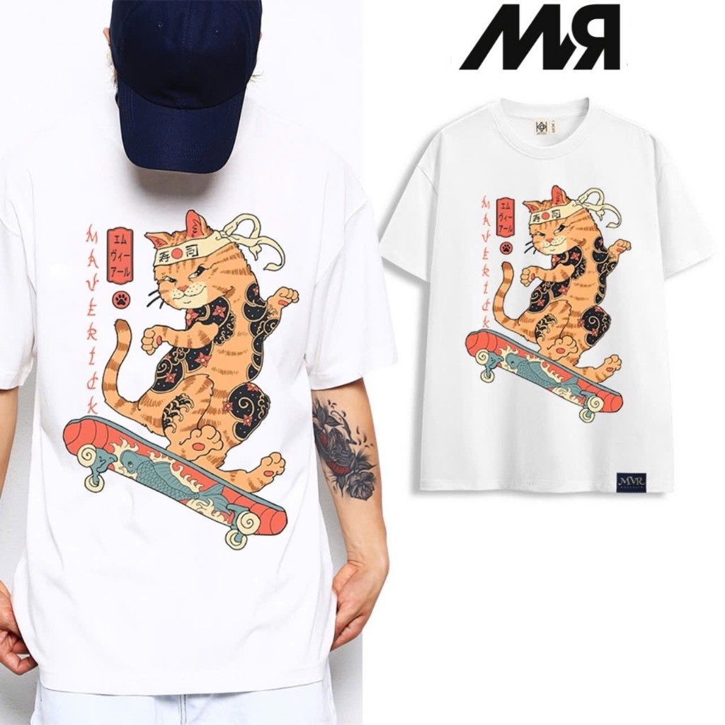 Áo thun MVR unisex - Mèo nhật lướt ván - ĐEN/ TRẮNG