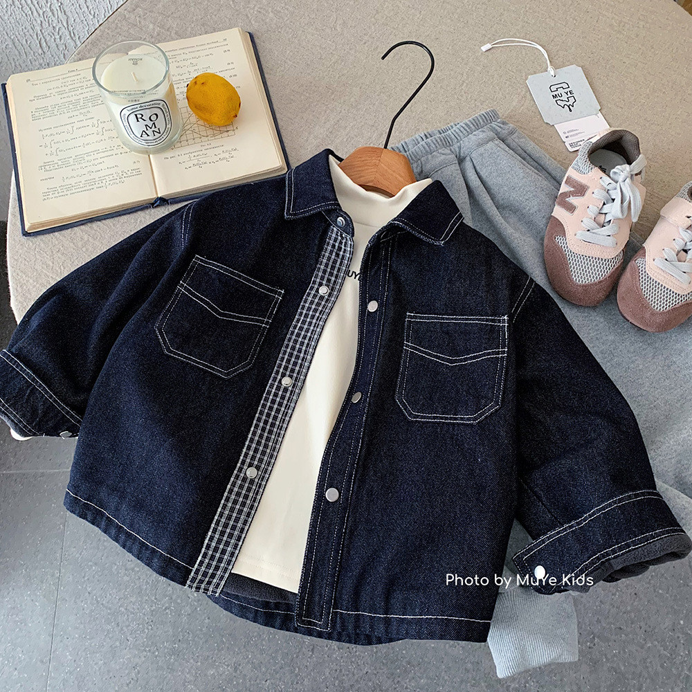 Áo Khoác Denim Lót Lông Mùa Đông Muye Huzhou Zhili Quần Áo Trẻ Em Áo Dày Phong Cách Hàn Quốc Cho Bé 