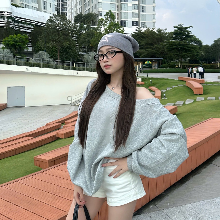 Áo sweater trễ vai nữ nỉ hàn mùa thu đông mặc 2 kiểu MA386 Noiree