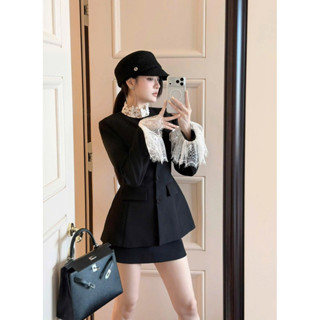  Capelia Set Bộ Đồ Áo Vest Phối Ren Cổ Mix Chân Váy A Dáng Ngắn Set Áo Vest Mix Hoa Trà Phối Cvay A Chouchou 