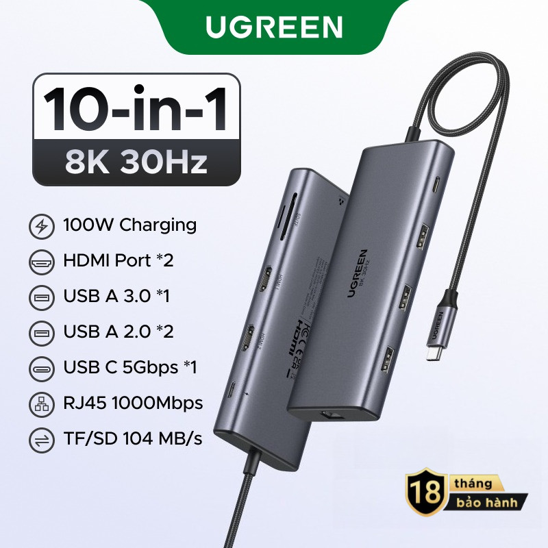 Ugreen Revodok Pro 210 Docking Station 10 trong 1 USB C Dock Dual HDMI 4K @ 60Hz Đơn 8K @ 30Hz 5Gbps