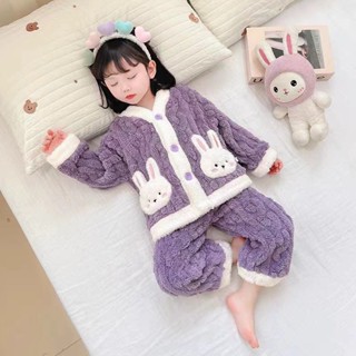  Bộ đồ ngủ lông cừu san hô cho trẻ mới biết đi & bé gái 1-10 tuổi mùa đông ấm áp dày in hình động vật dễ thương 