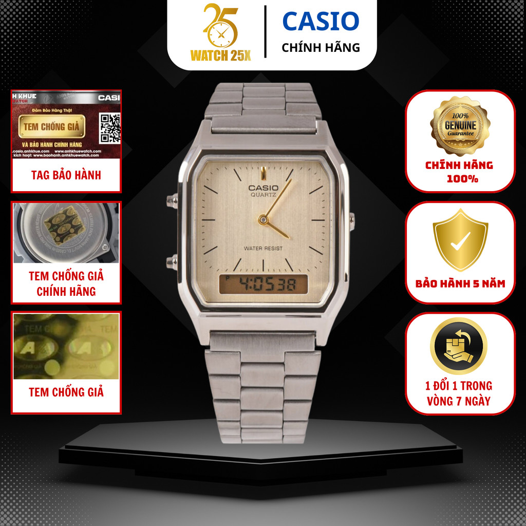 Đồng Hồ Casio Unisex AQ-230GG-9ADF Watch25x Bạc Mặt Kem Cổ Điển, Size 38.8mm.