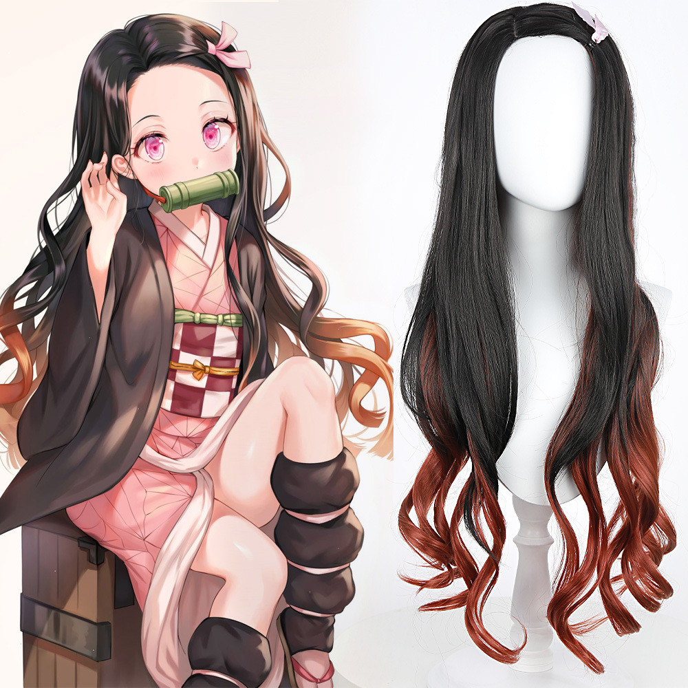 Anime Kimetsu No Yaiba Stove Door Nezuko Cos Wig High-Temperature Fiber Fireworks Roll Gradient Colo