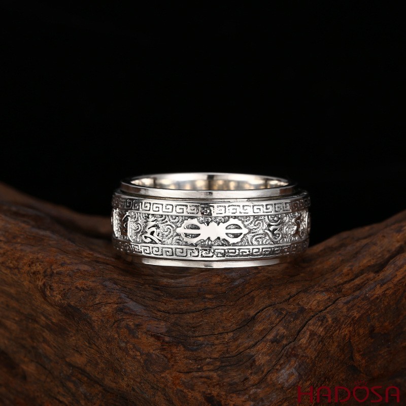 Nhẫn Nam Bạc Thái 925 Xoay Vòng Chú Om Mani Padme Hum Biểu Tượng Trí Tuệ Bình An Hadosa TSR503