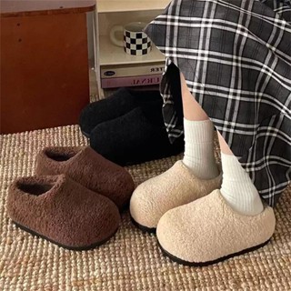 Giày lông capybara đế dày cho phụ nữ, cotton kín mũi mùa thu và đông thiết kế đơn giản