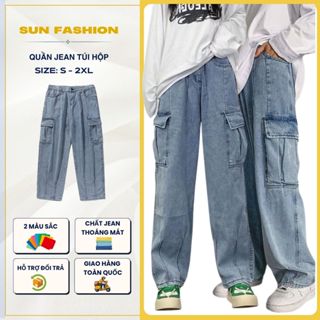  Quần jean túi hộp nam nữ ống rộng SUN 119 MÀU XANH vải jean mềm dễ phối đồ phong cách hàn quốc 