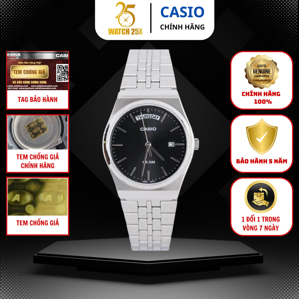 Đồng Hồ Nam Casio MTP-B146D-1AVDF Watch25x - Dây Kim Loại Bạc Mặt Đen Có Lịch Thứ Ngày
