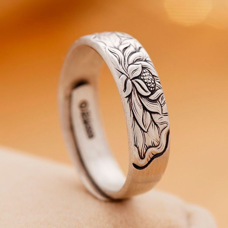 TB Spot Goods#999Pure Silver Vintage Lotus Handmade Open Pure Silver Ring Personality Fashion Flower