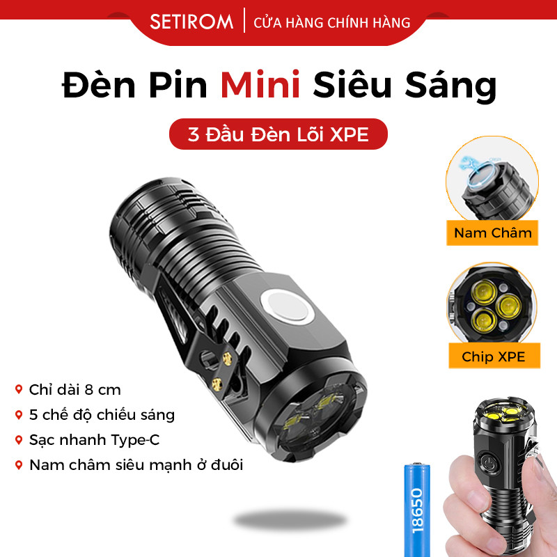Đèn pin cầm tay mini siêu sáng 5 chế độ sáng, Type-C sạc, Từ Tính, Nặng pin trâu có móc gài tiện dụn