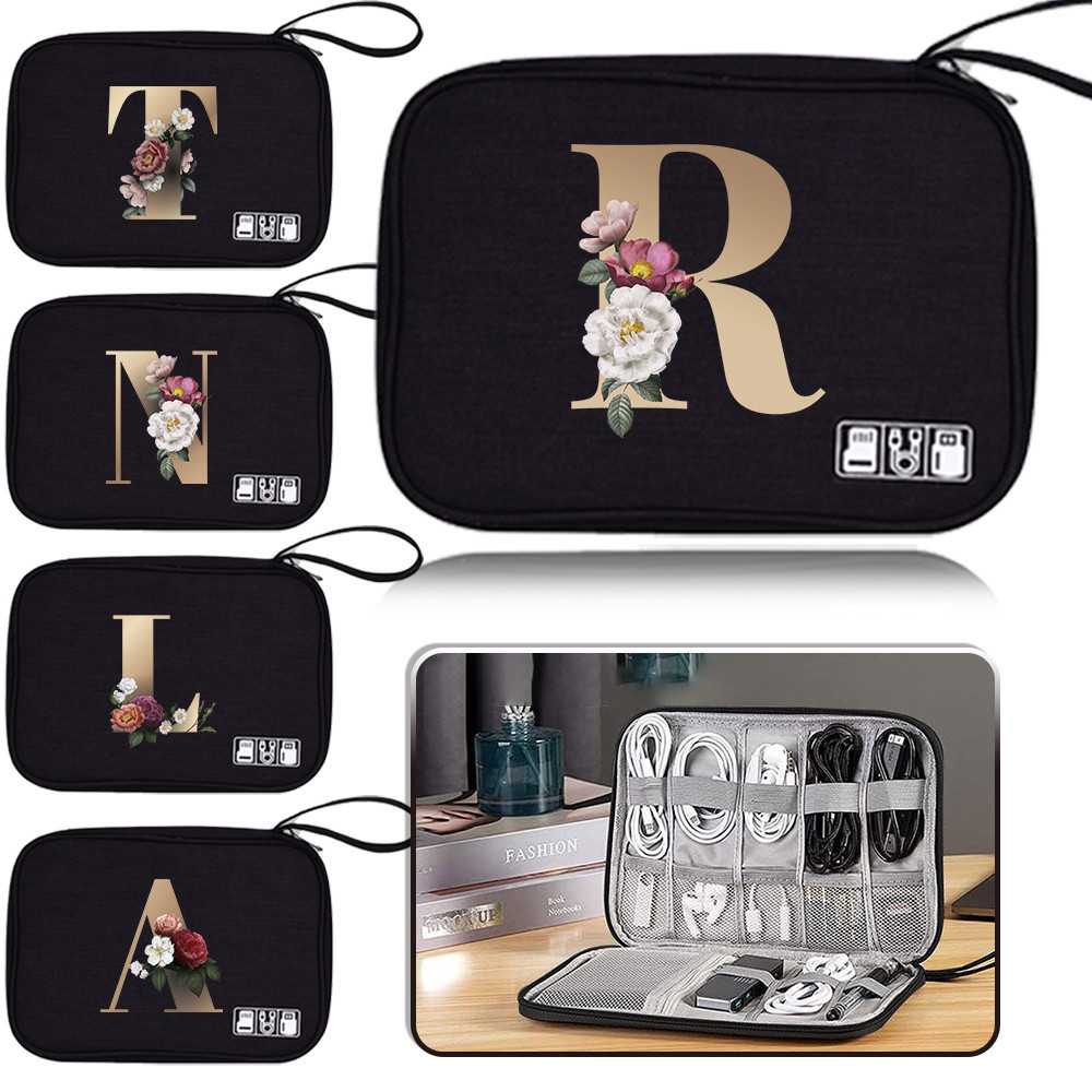 Wire Storage Box Cable Storage Box Charger Bag Power Bank Bag Headphones Gold Pattern Multifunctiona