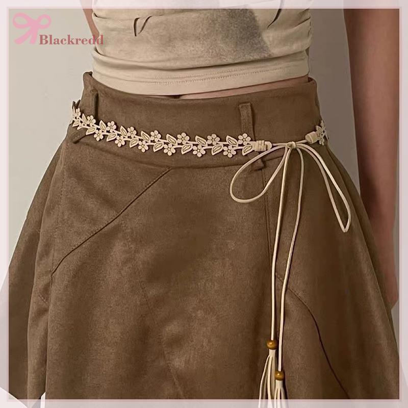 Váy Boho Retro Style dân gian Hàn Quốc với dây thắt lưng trắng cao cấp.