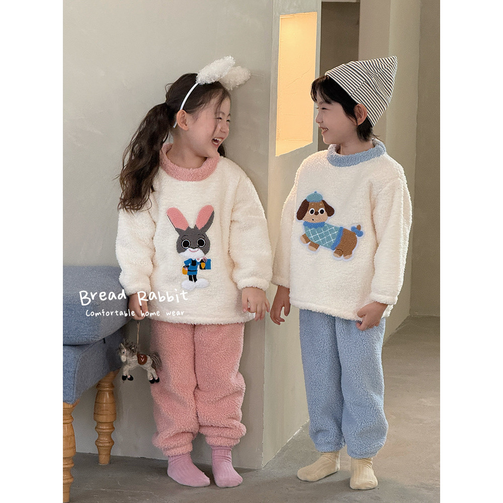 Bộ đồ trẻ em lót lông cừu dày dặn Bread Bunny, đồ ngủ và quần trẻ em mùa thu đông mới