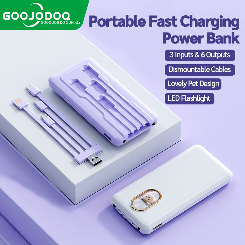 Pin dự phòng Goojodoq 10000mAh kèm 4 cáp dữ liệu và đèn báo; Thiết kế hoạt hình