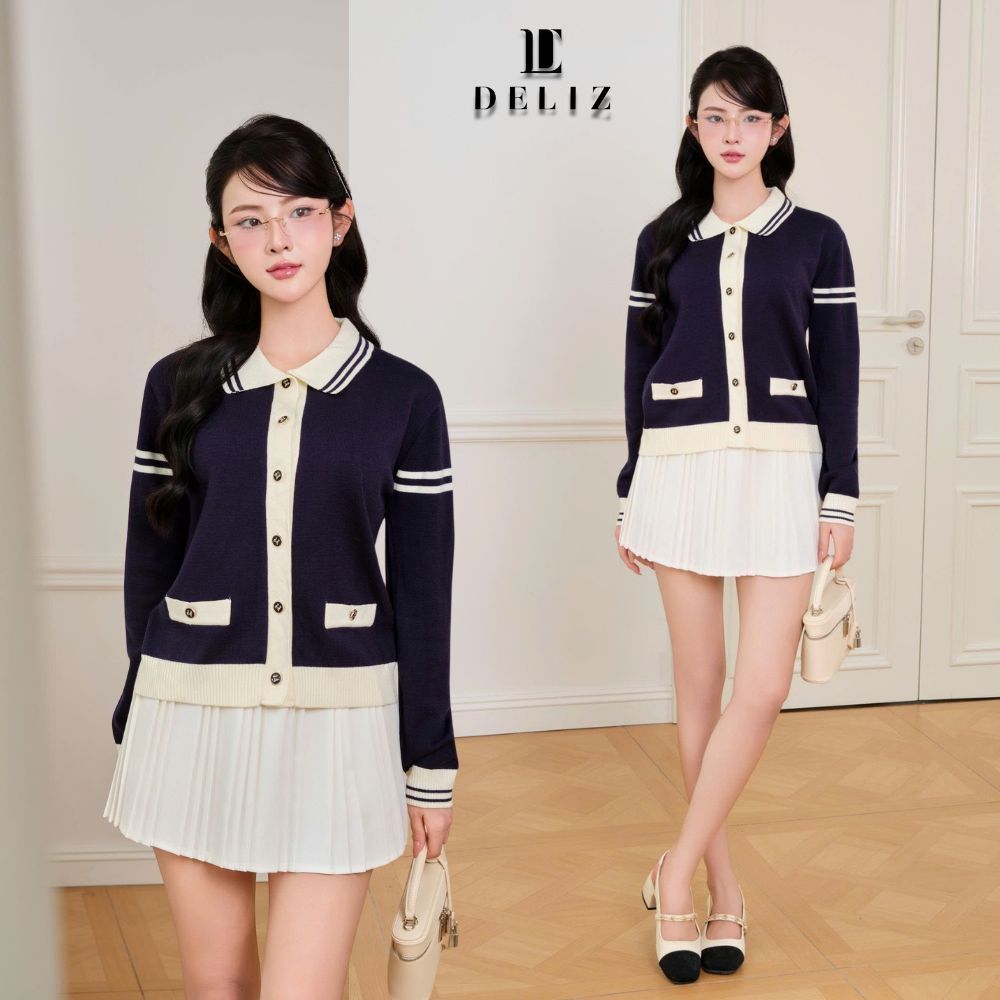 [DELIZ] - Áo cardigan nữ dài tay cổ đức xanh than len lông thỏ mịn tiểu thư CD846 DELIZ 300G LIVE