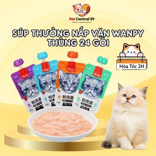 (Combo 24 gói) Súp Thưởng Wanpy Nắp Vặn - Súp dinh dưỡng cho mèo, Thức ăn ướt Wanpy Nắp Vặn 90gr - P