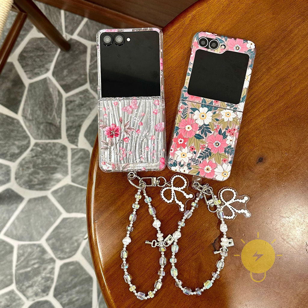 Phone Case For SAMSUNG Galaxy Z Flip 7 6 5 4 3 7FE TPU Transparent Pink Water Ripple Chain Keychain 