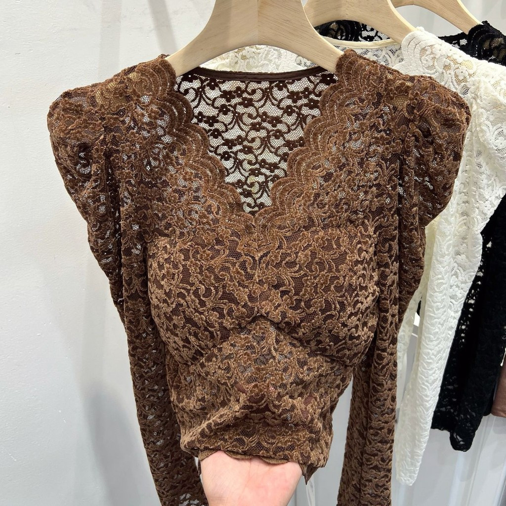 Bé Cổ Chữ V Xù Cắt Dài Tay Áo Sơ Mi Ren Nữ FJTPD3994 250123