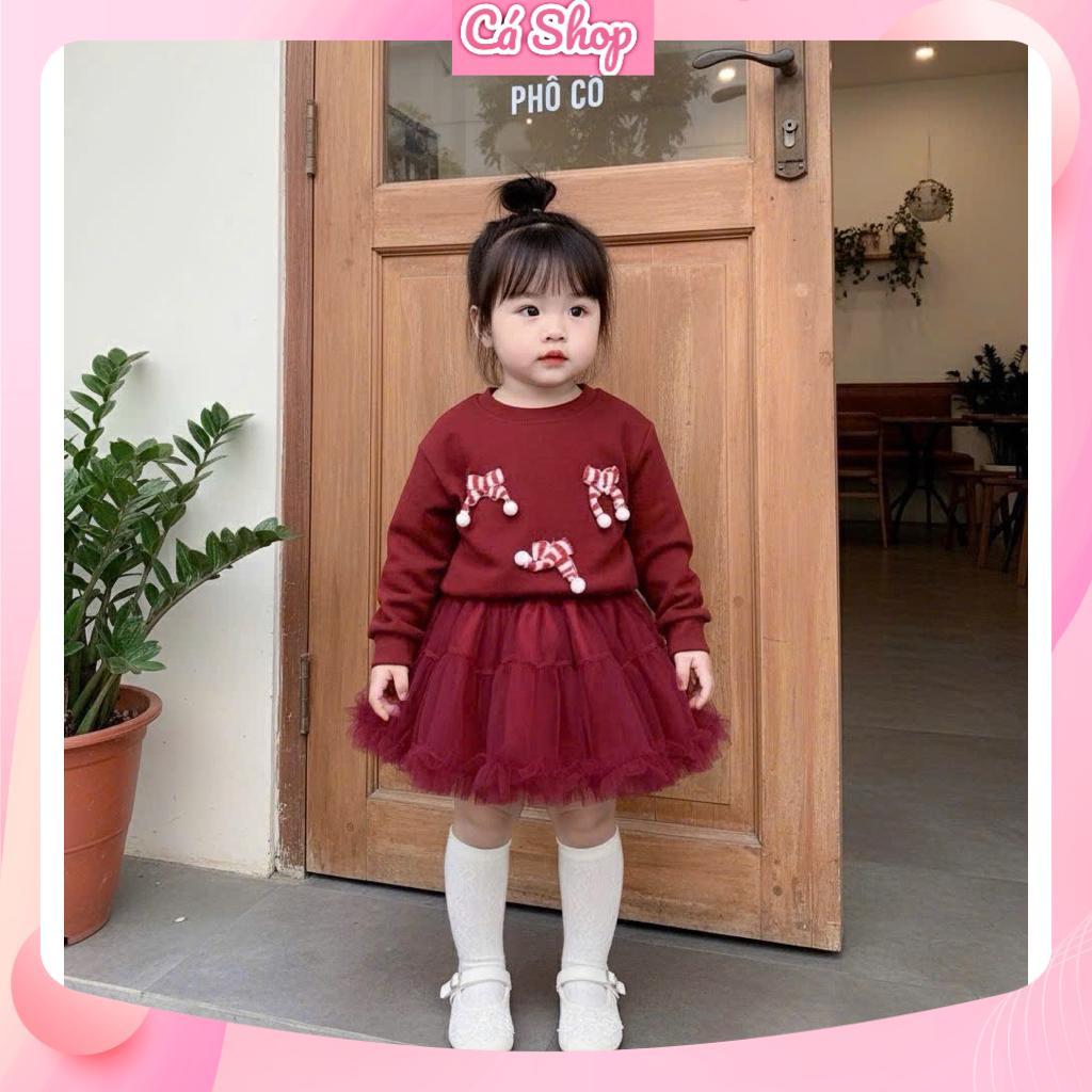 Xả X254, Set áo len nhung đỏ nơ sọc kèm chân váy 2 lớp cho bé gái