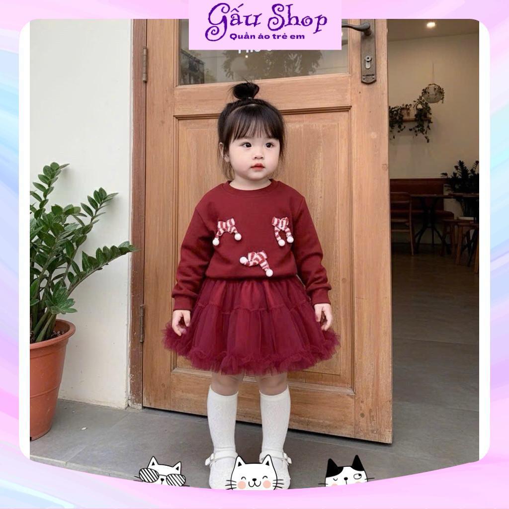 X254 - Set áo len nhung đỏ nơ sọc kèm chân váy 2 lớp cho bé gái