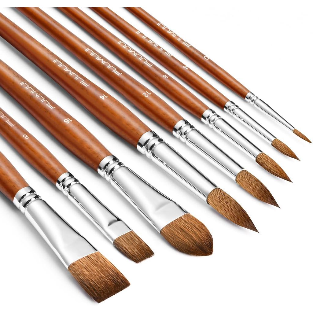 Bàn chải màu nước Sable Chuyên nghiệp, Fuumui 8 chiếc Bộ bàn chải Sable Hình dạng đa dạng với phẳng,