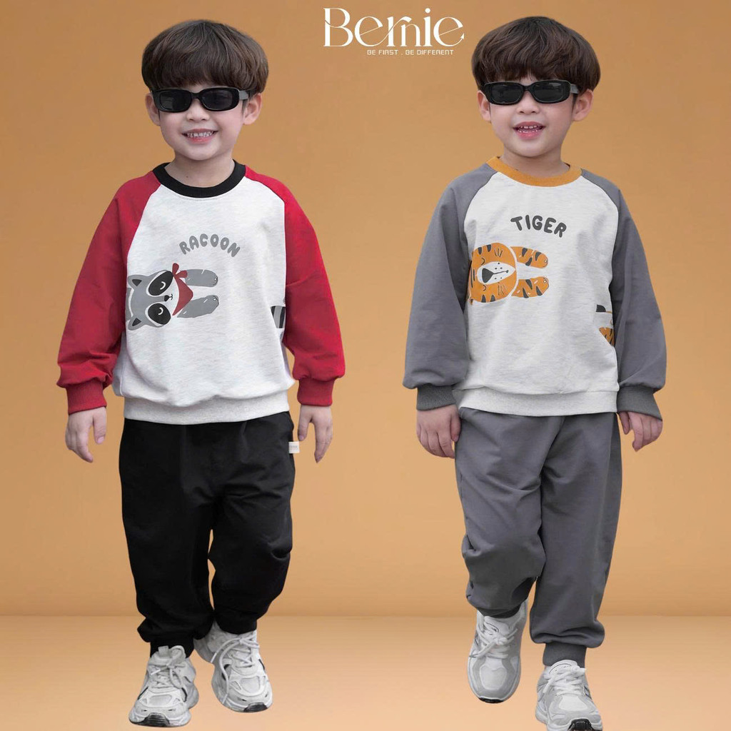 Set bộ thun da cá dài tay áo raplang phối màu họa tiết Animal kèm quần dài 9tới 28kg BERNIE T0725B36