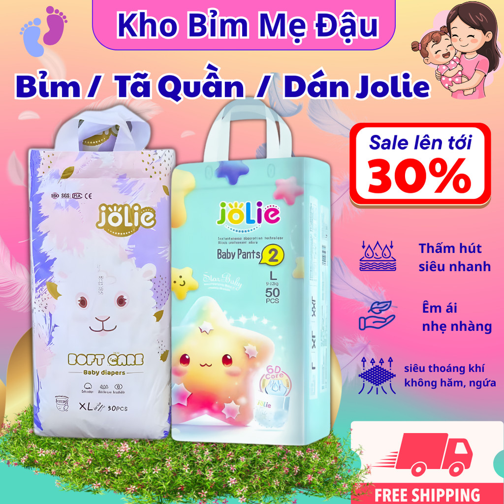 Combo 100 Miếng Bỉm/Tã Quần & Tã Dán Jolie Cao Cấp Xuất Anh –  Siêu Thấm, Full Size S–4XL Cho Bé