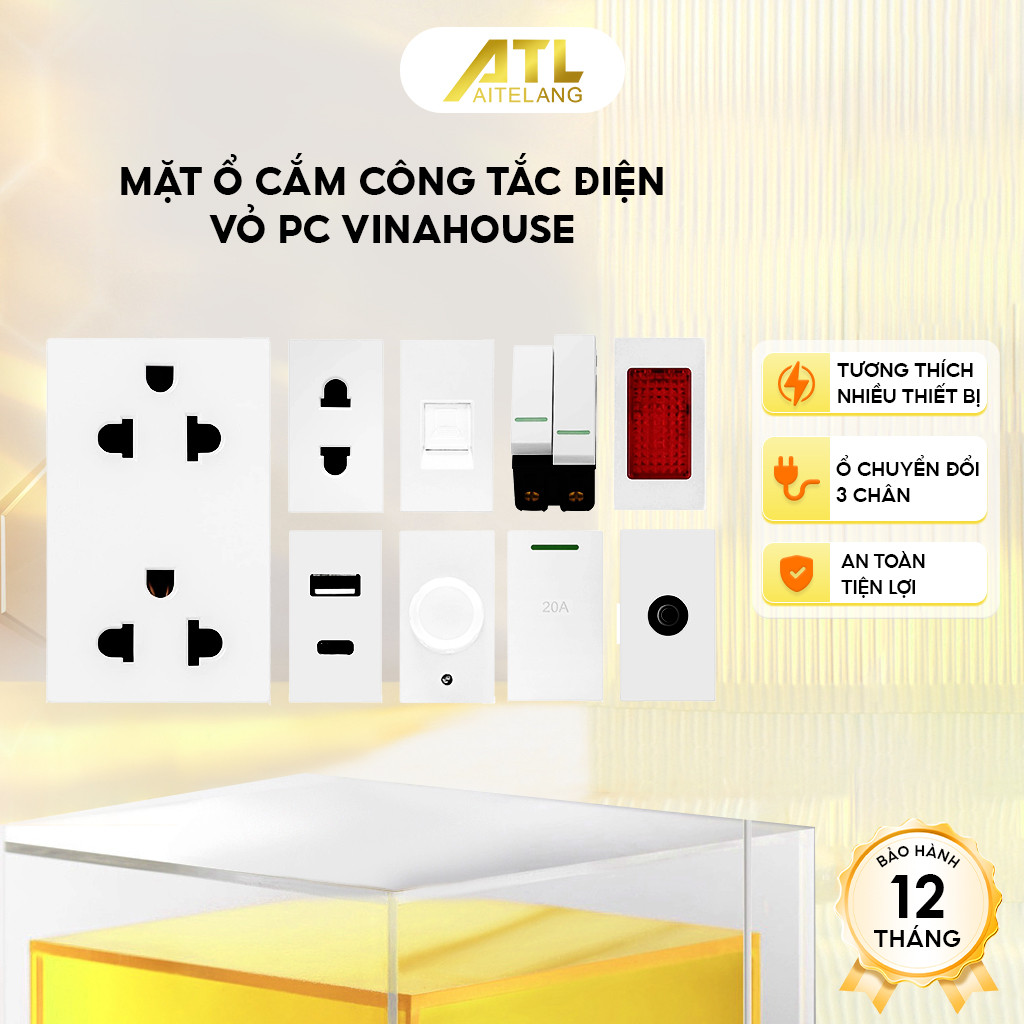 Mặt ổ cắm công tắc điện vỏ PC trắng VinaHouse, bền đẹp, đễ lắp đặt an toàn điện