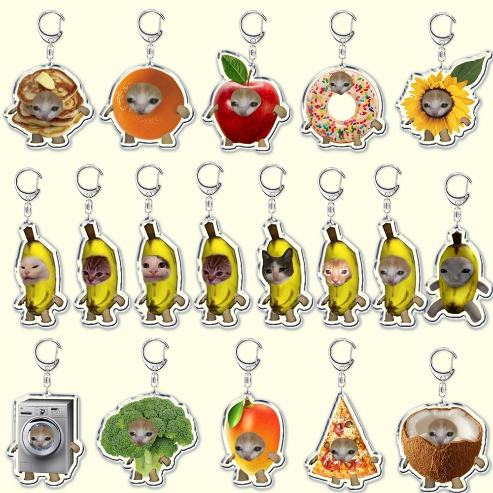 Móc khoá HOT Cute Crying Banana Cat Meme Keychain Funny Fruit Happy Cats Phụ kiện trang trí chibi cu