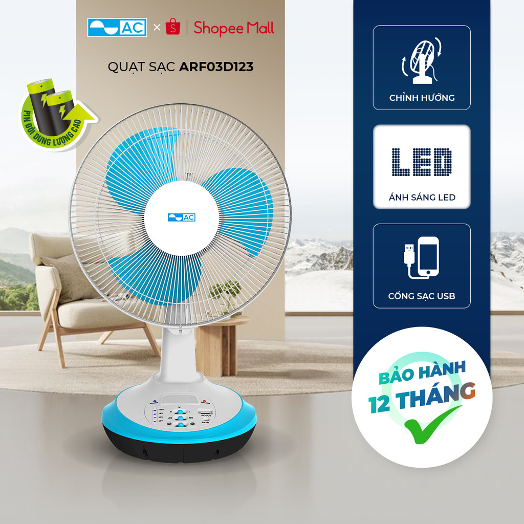 [Hỏa Tốc] Quạt Sạc Điện 30W AC ARF03D123 30W, USB, 2 bình x 4500mAh Sử Dụng 12h, BH 24 Tháng