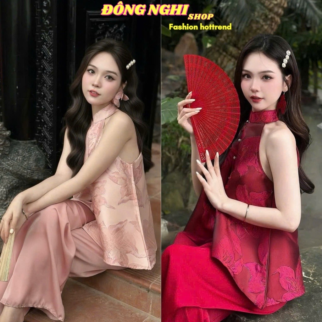 QC_ Set đồ lam, Outfit Tết du xuân, Set đồ Tết áo Yếm Gấm hoa nổi phối lót Tơ nến mix quần dài Lụa