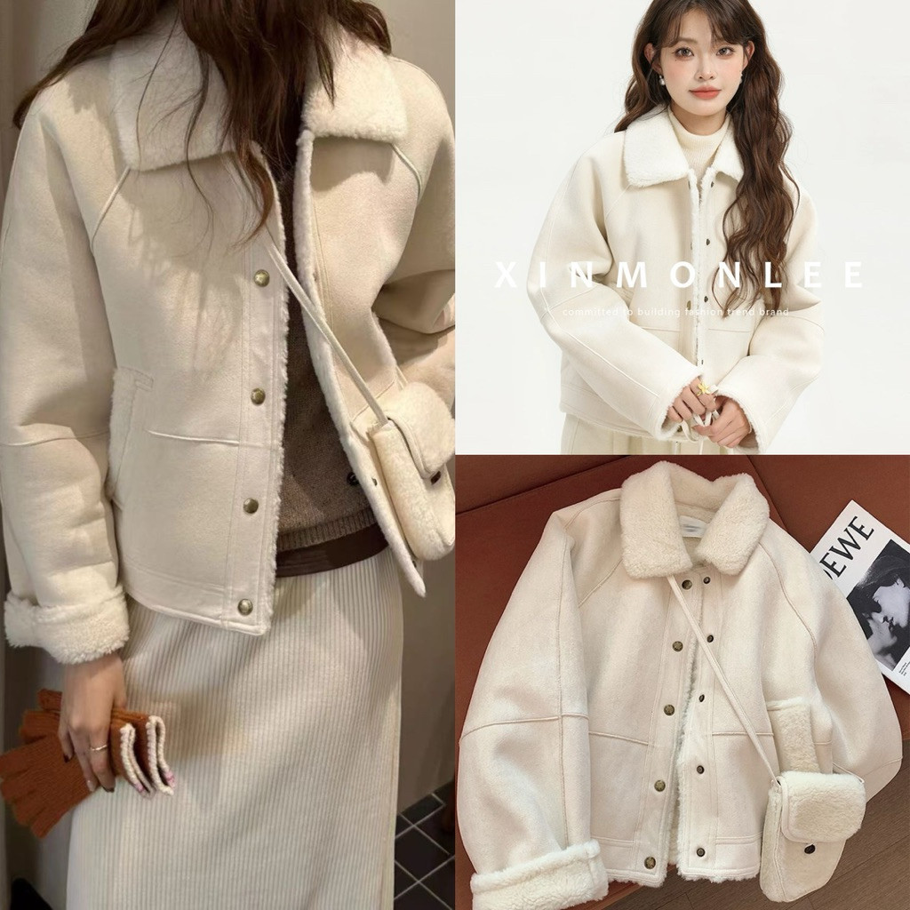 Áo khoác lông cừu da lộn khuy bấm lót lông cừu hàng QC