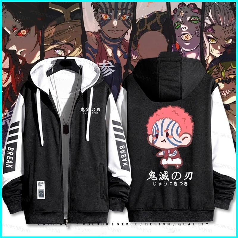 Dây Kéo Áo Khoác Unisex Phong Cách Anime GN Demon Slayer với Hình Chibi Akaza, Douma và Kokushibo