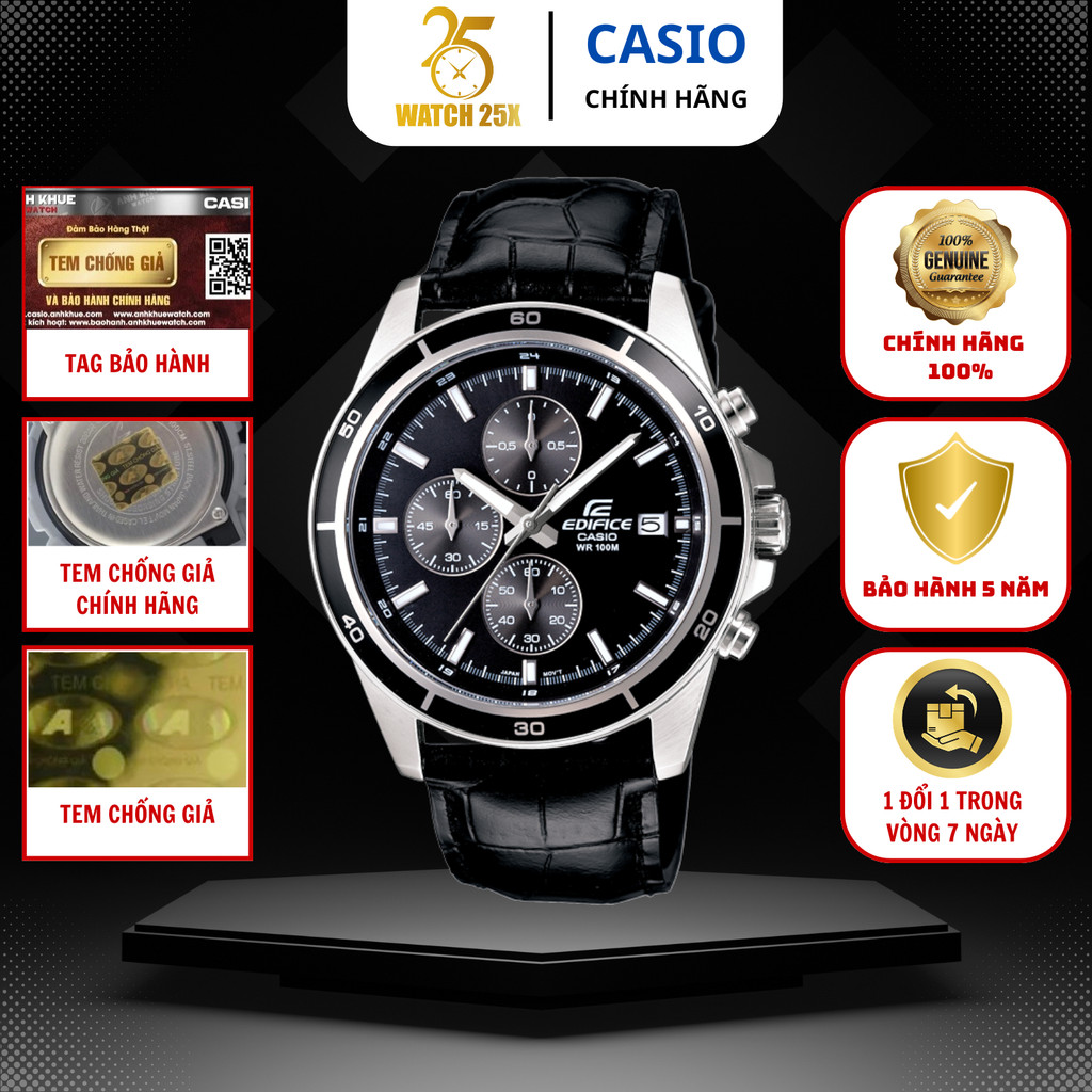 Đồng Hồ Casio Edifice EFR-526L-1AVUDF Watch25x Mặt Đen Cá Tính, Dây Da Vân Cá Sấu, Thiết Kế Mạnh Mẽ