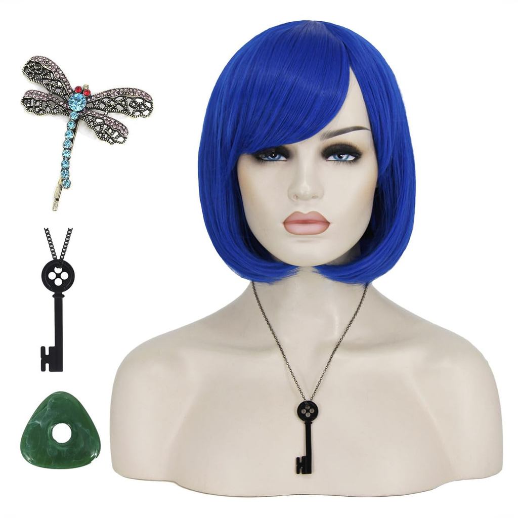Tóc giả màu xanh coraline bob ngắn cho nữ, phù hợp với trang phục Coraline, kèm vòng cổ và mặt dây c