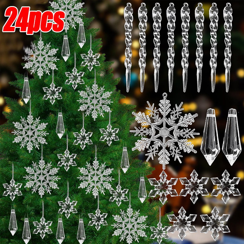 12 / 24 Chiếc Giáng Sinh Pha Lê Trong Suốt Bông Tuyết Icicle Mặt Dây / Nhựa Xmas Cây Icicle Trang Tr