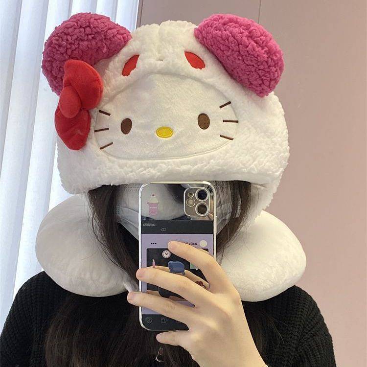 Cartoon Cute Kitty Cat Hooded U-Shape Pillow Neck Pillow Couple Airplane High-Speed Rail Travel Nap 