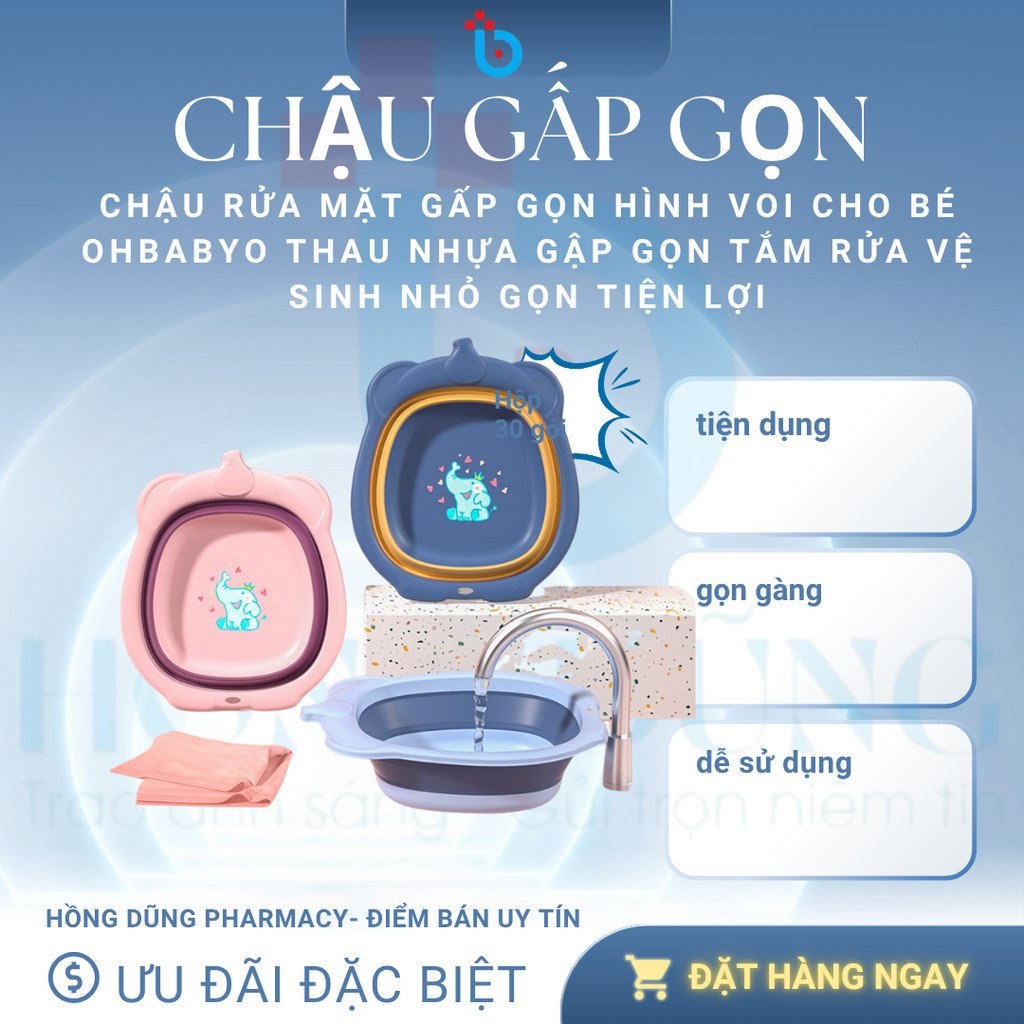 Chậu Rửa Mặt Gấp Gọn Hình Voi Cho Bé ohBabyo Thau Nhựa Gập Gọn Tắm Rửa Vệ Sinh Nhỏ Gọn Tiện Lợi