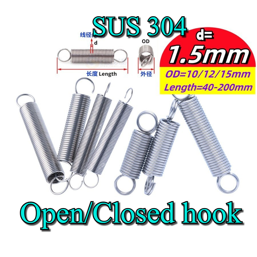 Lò xo căng inox 304 d =1.5mm, OD10 / 12 / 15mm, L = 30 ~ 200mm lò xo căng thẳng có móc, áp dụng cho 
