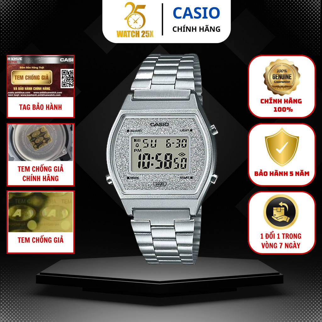 Đồng Hồ Nữ Casio B640WDG-7DF Watch25x - Dây Bạc Phong Cách Cá Tính, Mẫu Retro Hiện Đại
